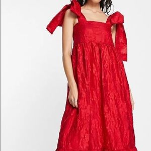 Sister Jane tiered maxi dress in red jacquard with bow straps